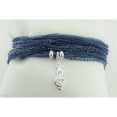 Violin-key with silk bracelet/necklace (dark blue)